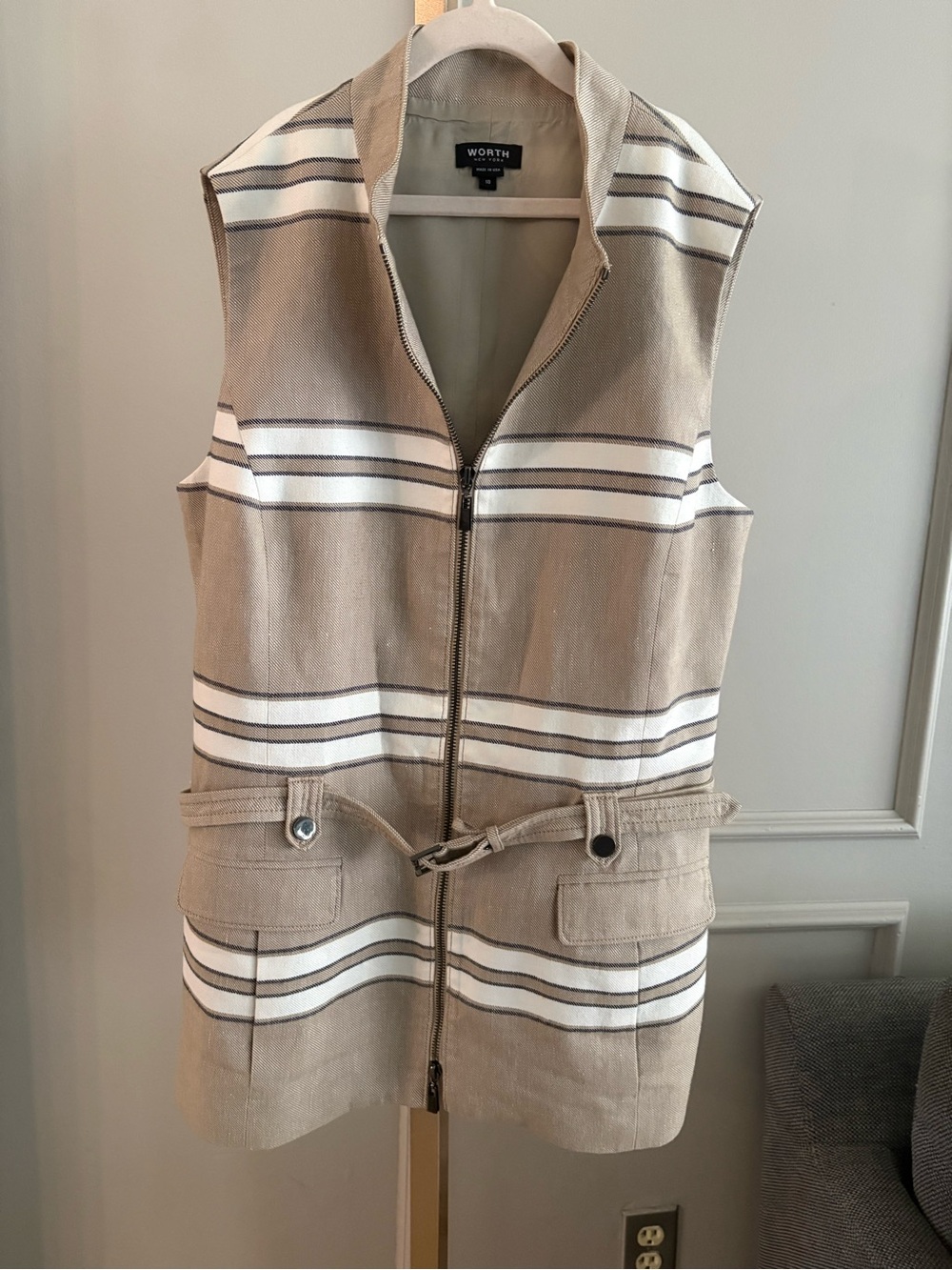 Worth Neutral Striped Zip-Front Vest in Beige and White